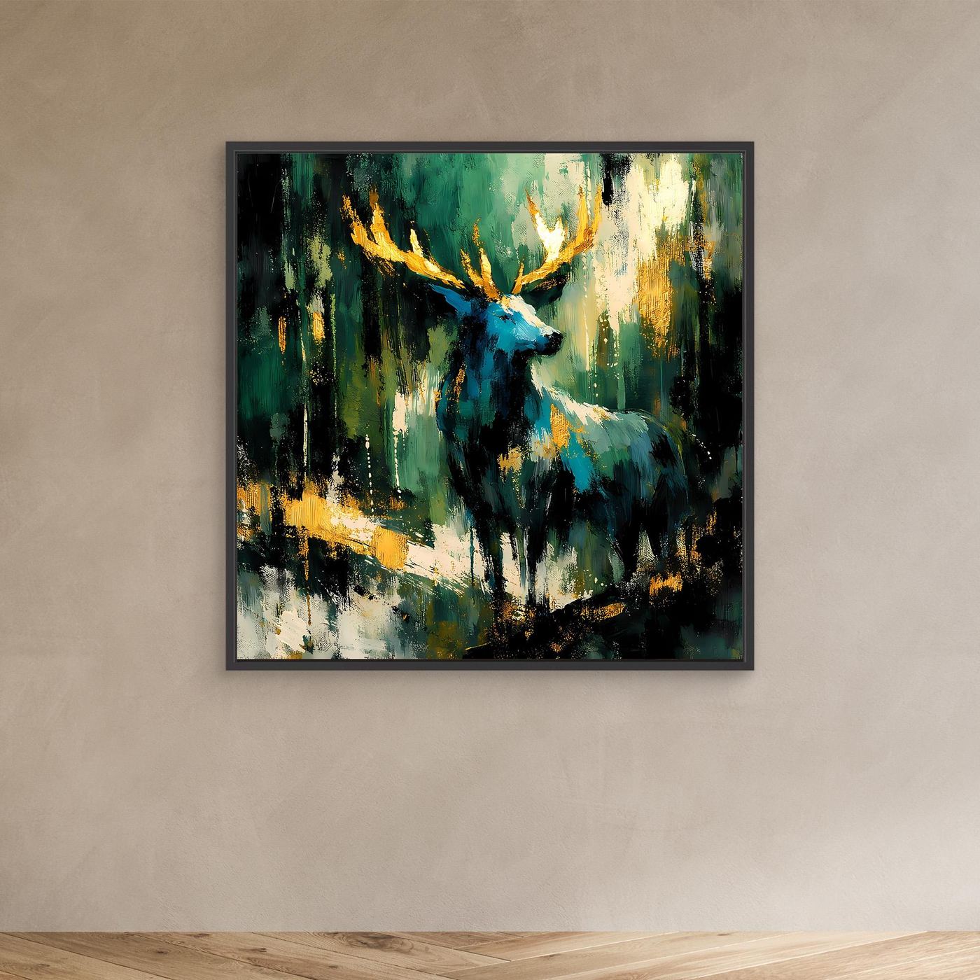 Leinwand-Wandbild mit schwarzem Rahmen und abstraktem Hirsch in Grün, Blau, Gold