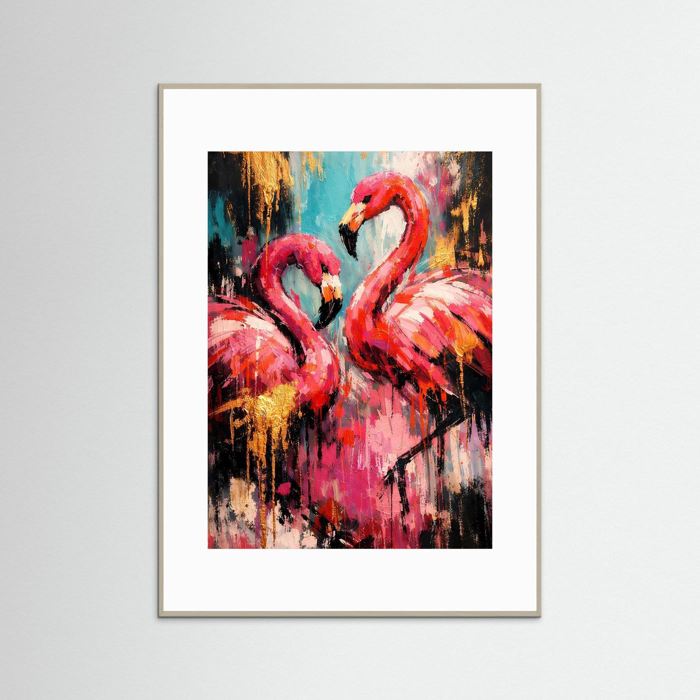 Fla mingo-Kunstposter im Hochformat mit türkis-roten Flamingos, grauem Rahmen