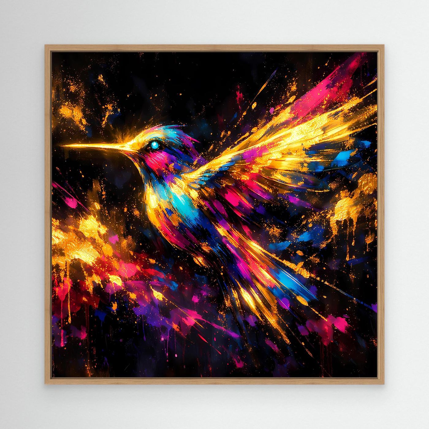 Leinwand Farbenfroher Kolibri im Flug | Abstraktes Modernes Wandbild Bunt