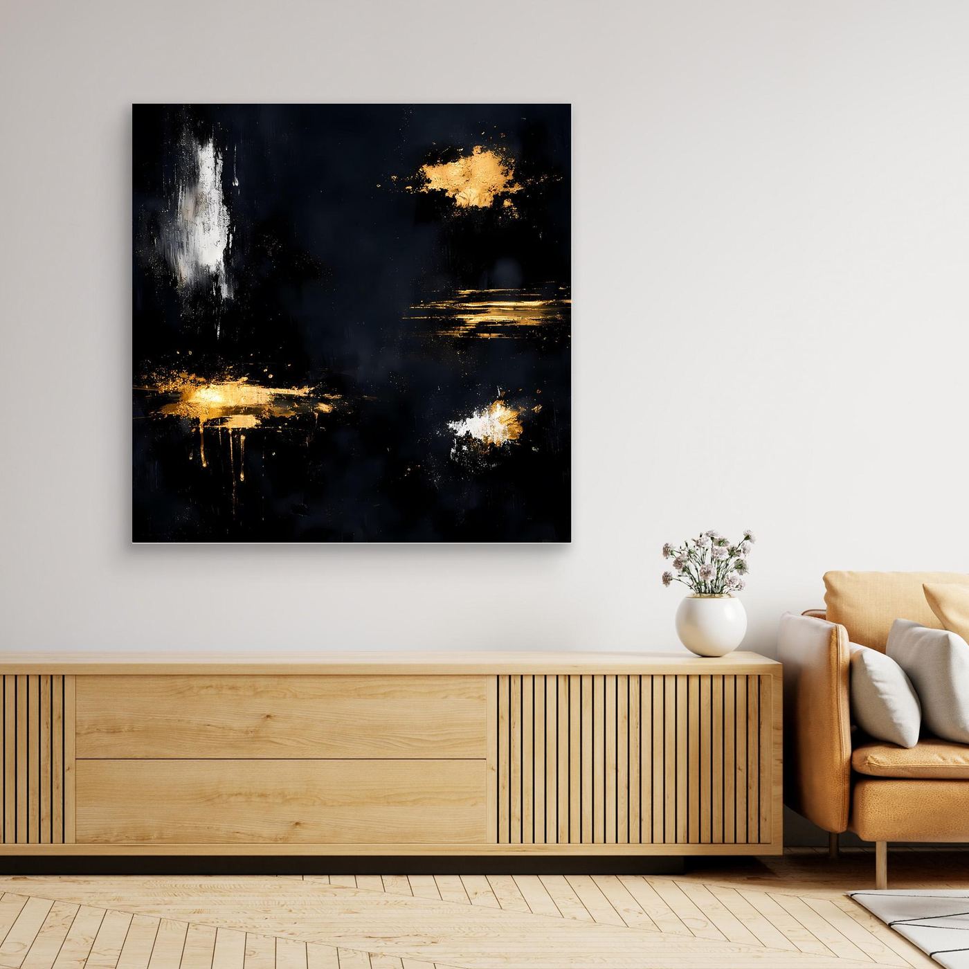 Leinwand Goldene Lichtakzente auf Schwarz | Modernes Abstraktes Minimalismus Wandbild