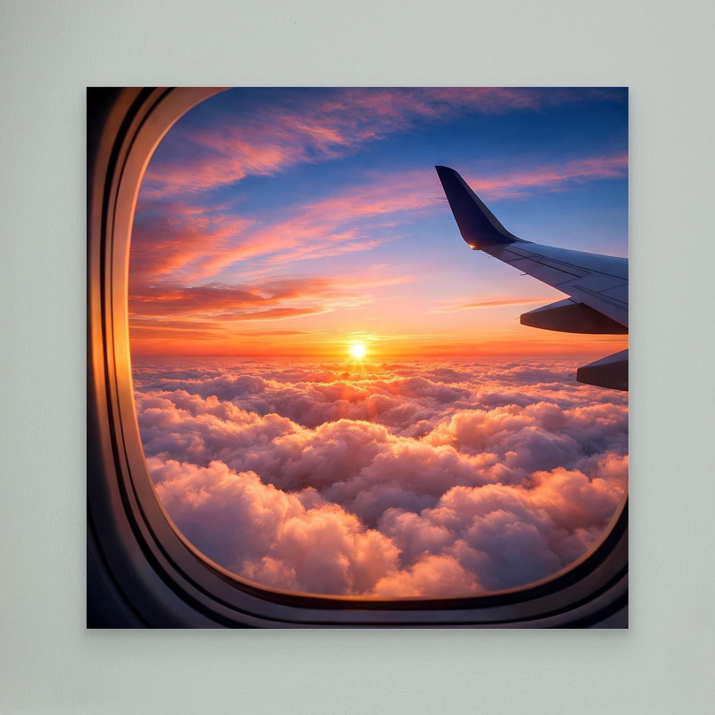 Leinwandbild Flugzeugfenster mit Sonnenuntergang über Wolken, Flügel sichtbar
