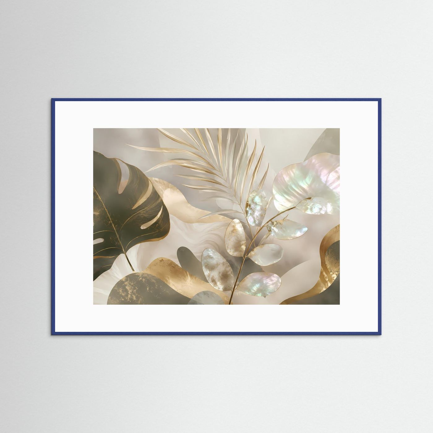 Querformat-Poster mit abstrakten botanischen Blättern in Perlmutt- und Goldtönen, blauer Rahmen