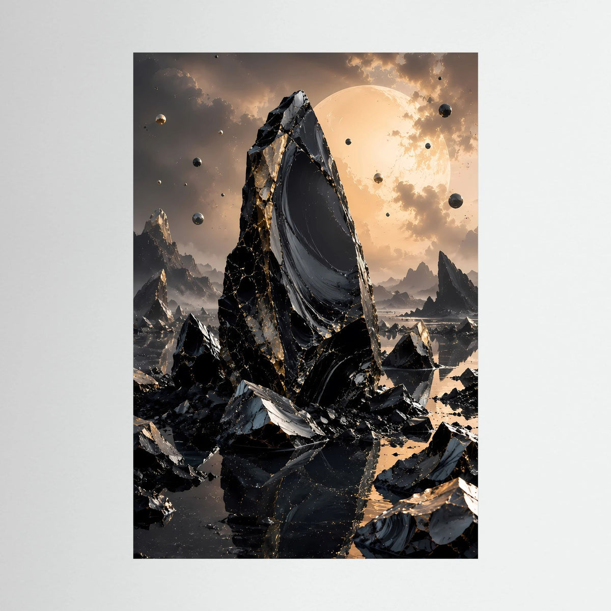 Hochformatposter mit schwarzem Obsidian-Monolith, goldenem Himmel und schwarzen Gesteinsbruch