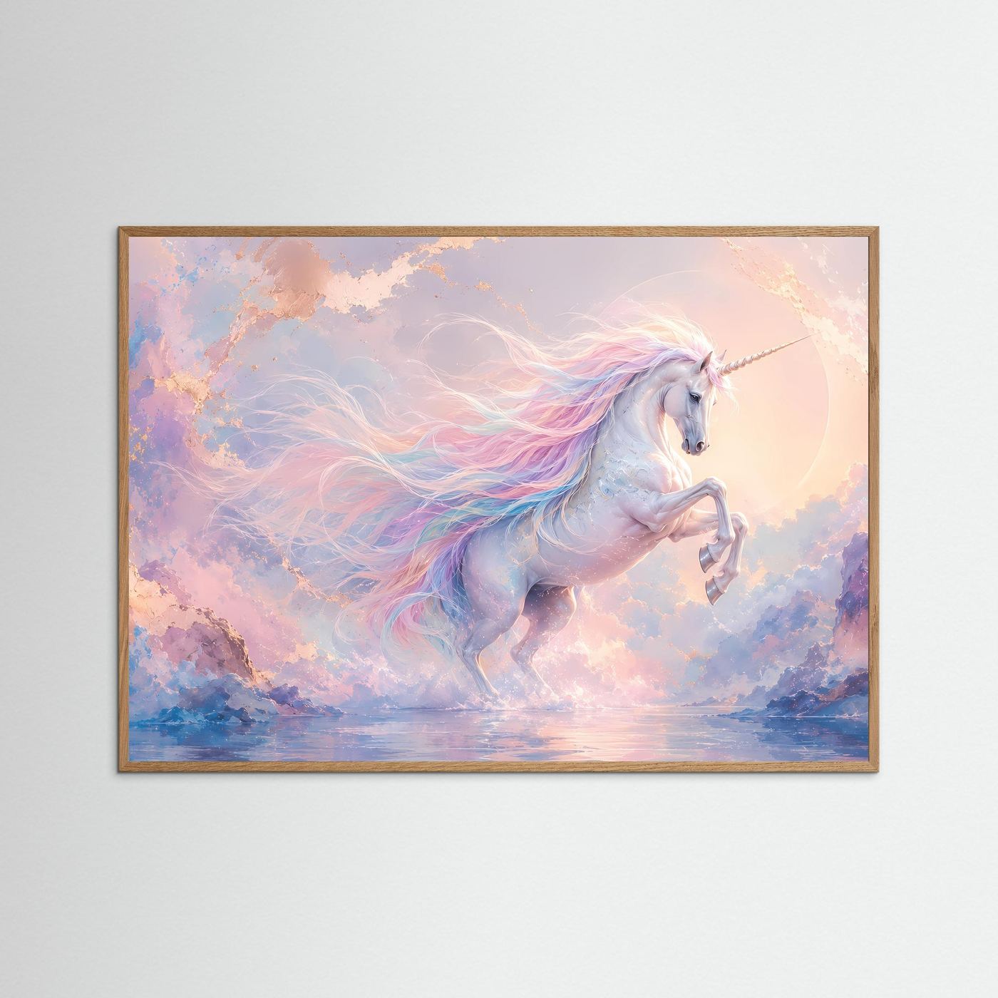 Magisches Einhorn in Pastell | Fantasie Wandbild in Rosa, Blau & Gold