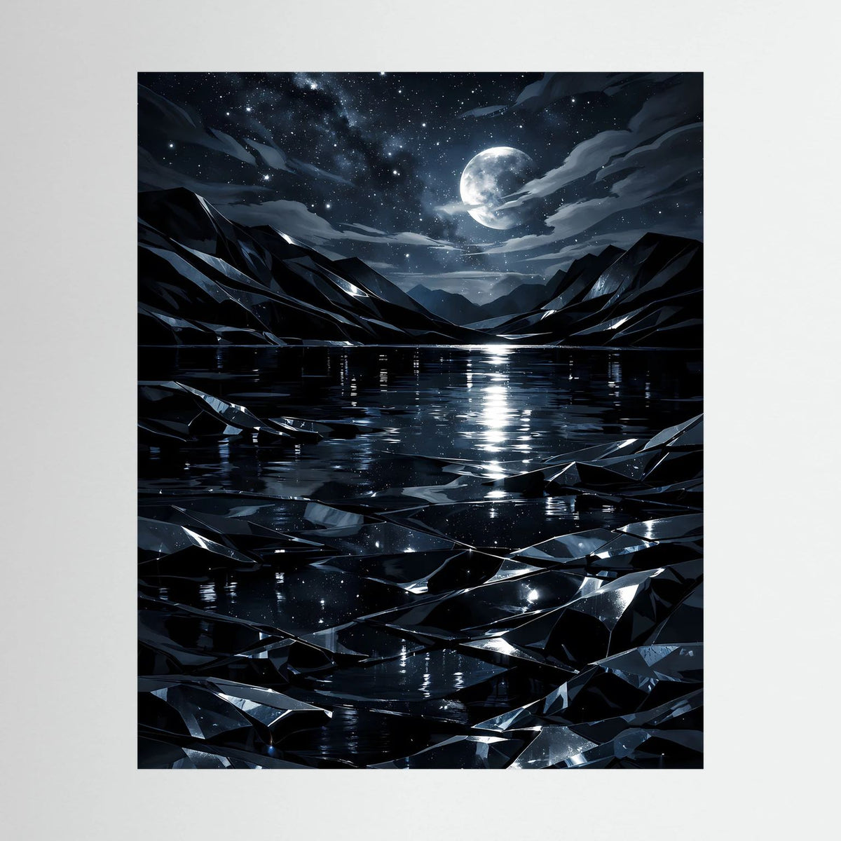 Wandposter mit dunkler Bergsee-Landschaft, Mond und Sternenhimmel in Schwarzblau