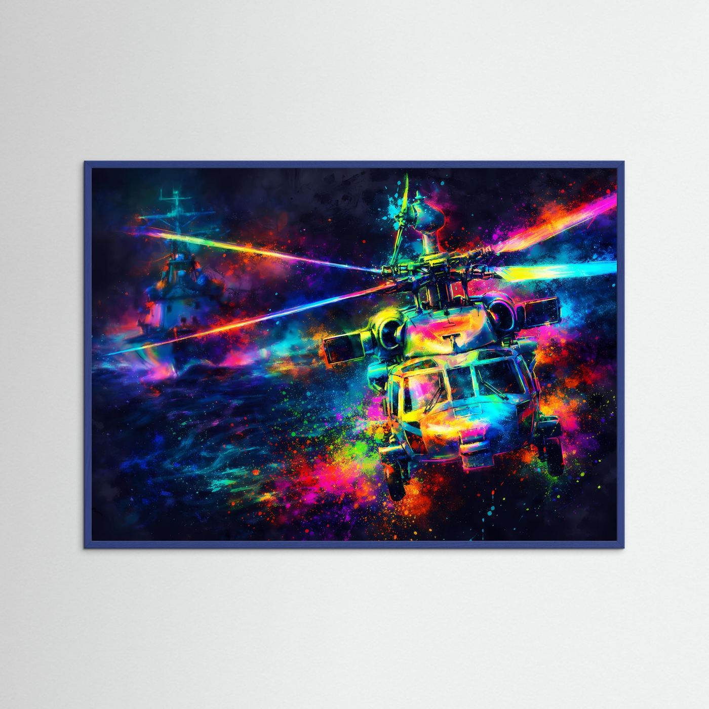 Abstraktes Hubschrauber-Poster im Querformat mit Neonfarben im dunkelblauen Rahmen