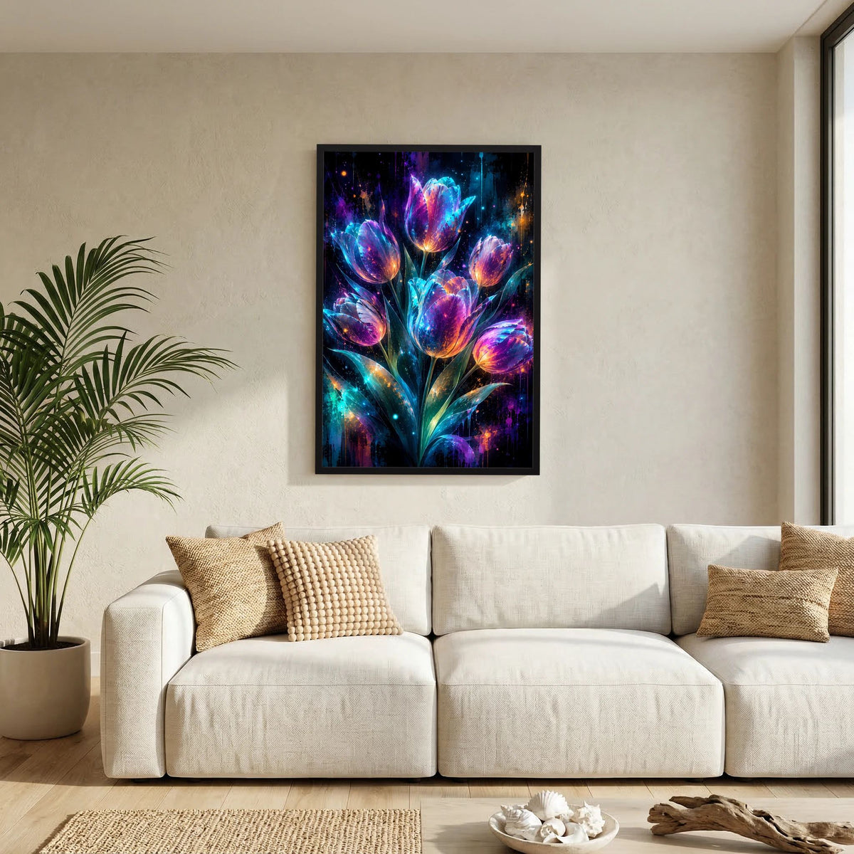 Leuchtende Tulpen in Neonfarben | Magische Blumen Kunst | Poster Hochformat