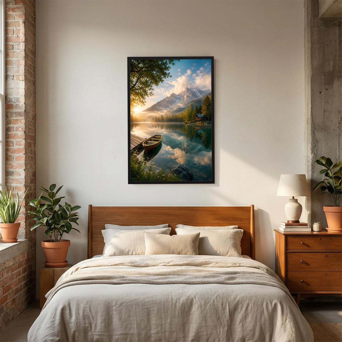 Kunstposter mit Bergsee und Holzboot im Sonnenaufgang, schwarzer Rahmen