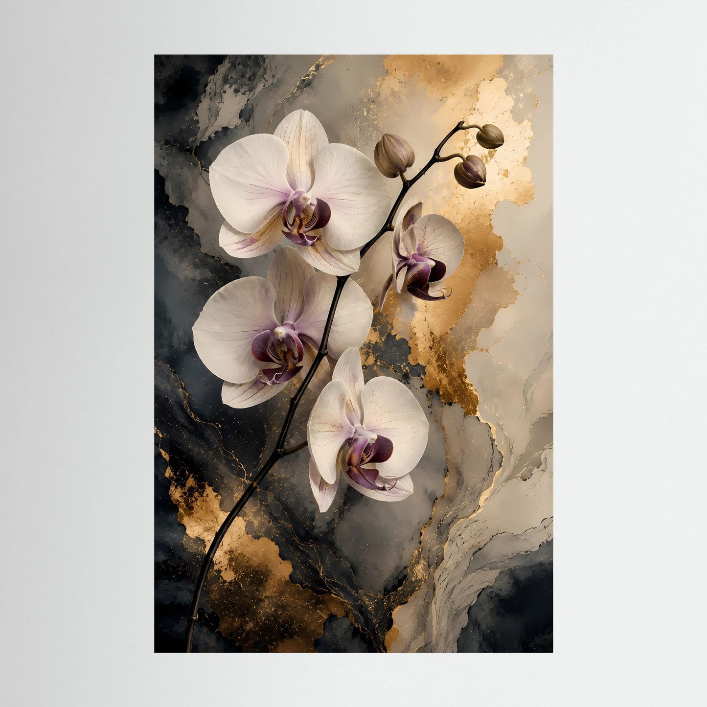 Weiße Orchideen mit Gold | Elegante Blüten auf Marmoroptik | Poster Hochformat