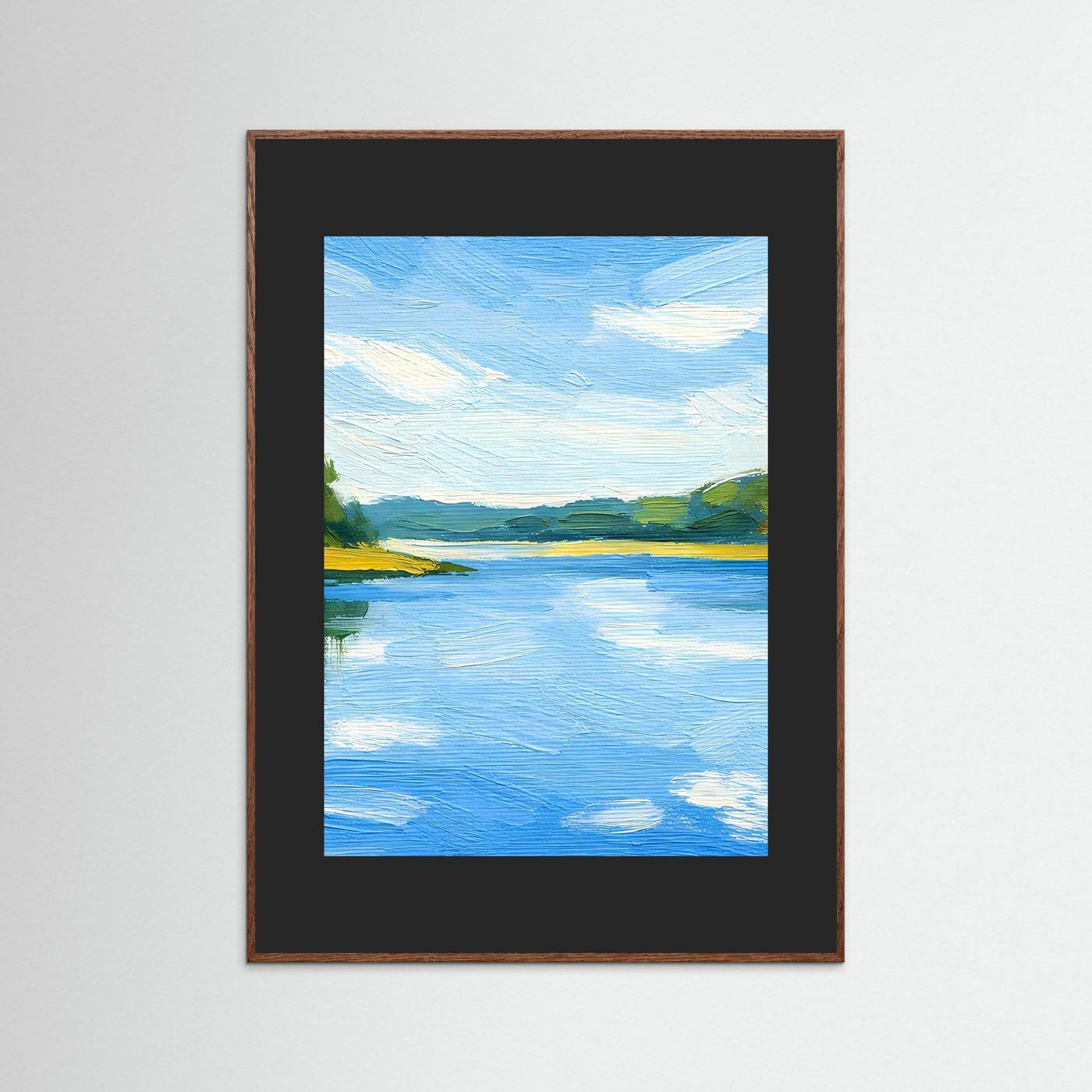 Wandposter mit Landschaftsgemälde in Blau, im dunklen Holzrahmen mit schwarzem Rand