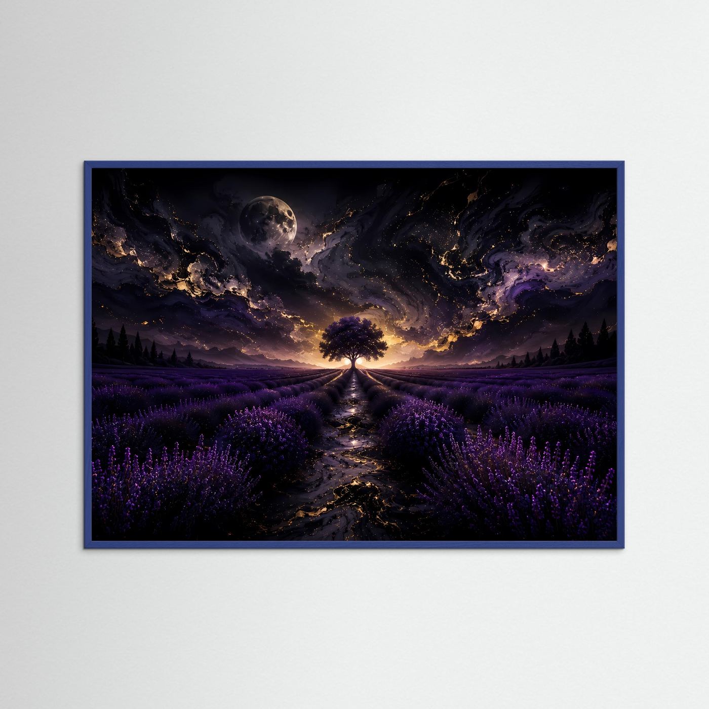 Lavendelfeld Wandbild Nacht | Mystischer Baum unter Mond | Fantasy Landschaft Poster | Lila Leinwandbild | Abstrakte Fine Art Wandkunst