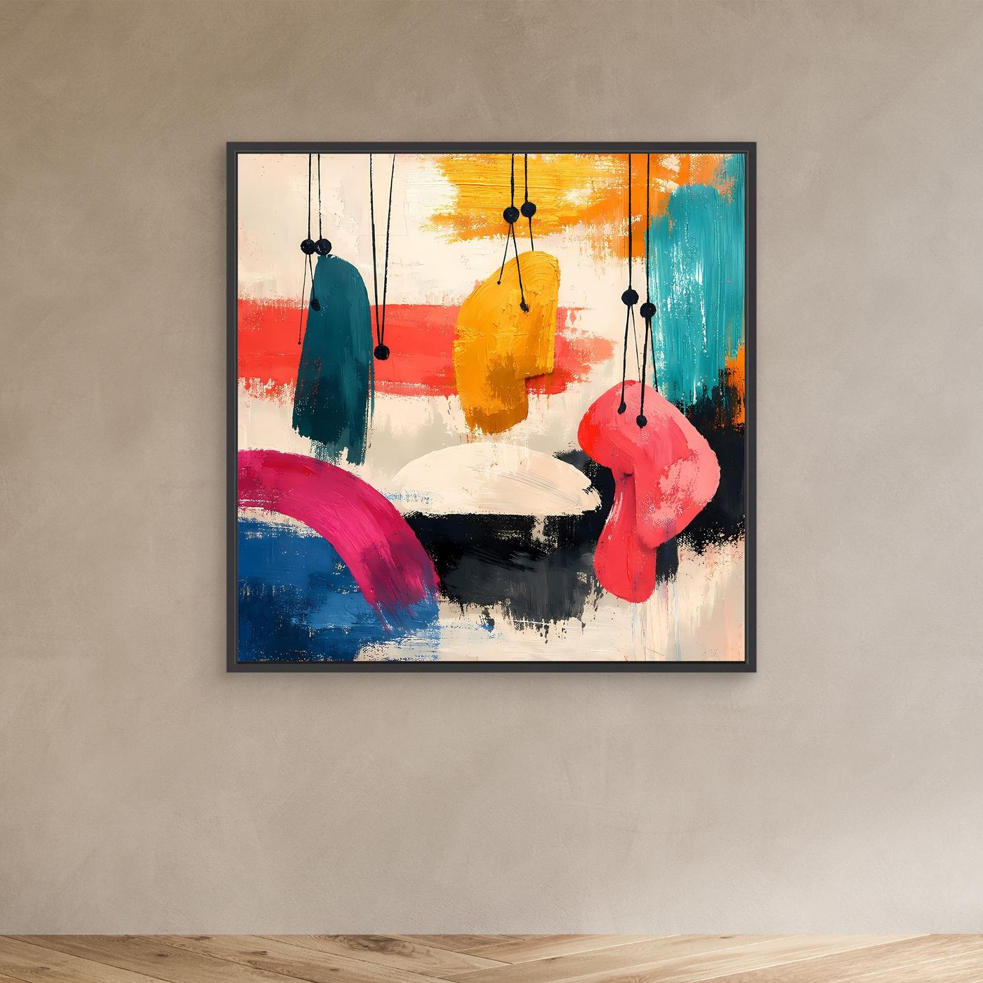 Abstract canvas wall art with dark frame, hanging organic shapes in teal, yellow and pink