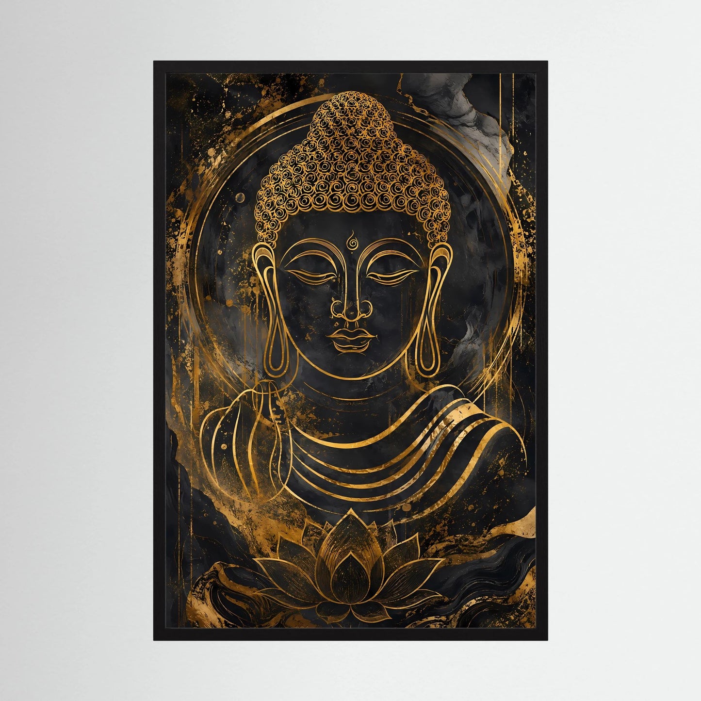 Buddha-Poster im Hochformat, schwarzer Hintergrund mit goldenen Lotus- und Meditationslinien im Rahmen