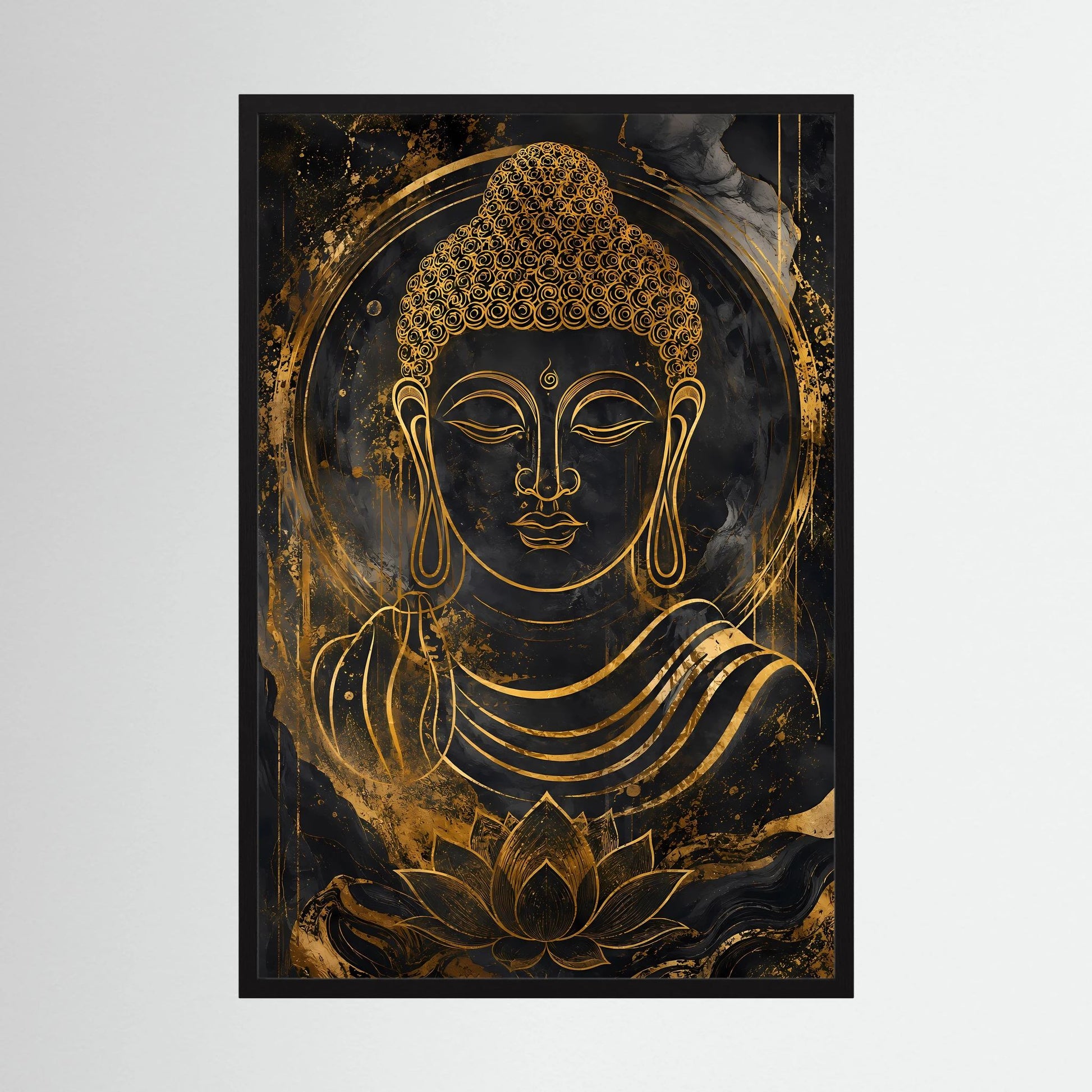 Buddha-Poster im Hochformat, schwarzer Hintergrund mit goldenen Lotus- und Meditationslinien im Rahmen