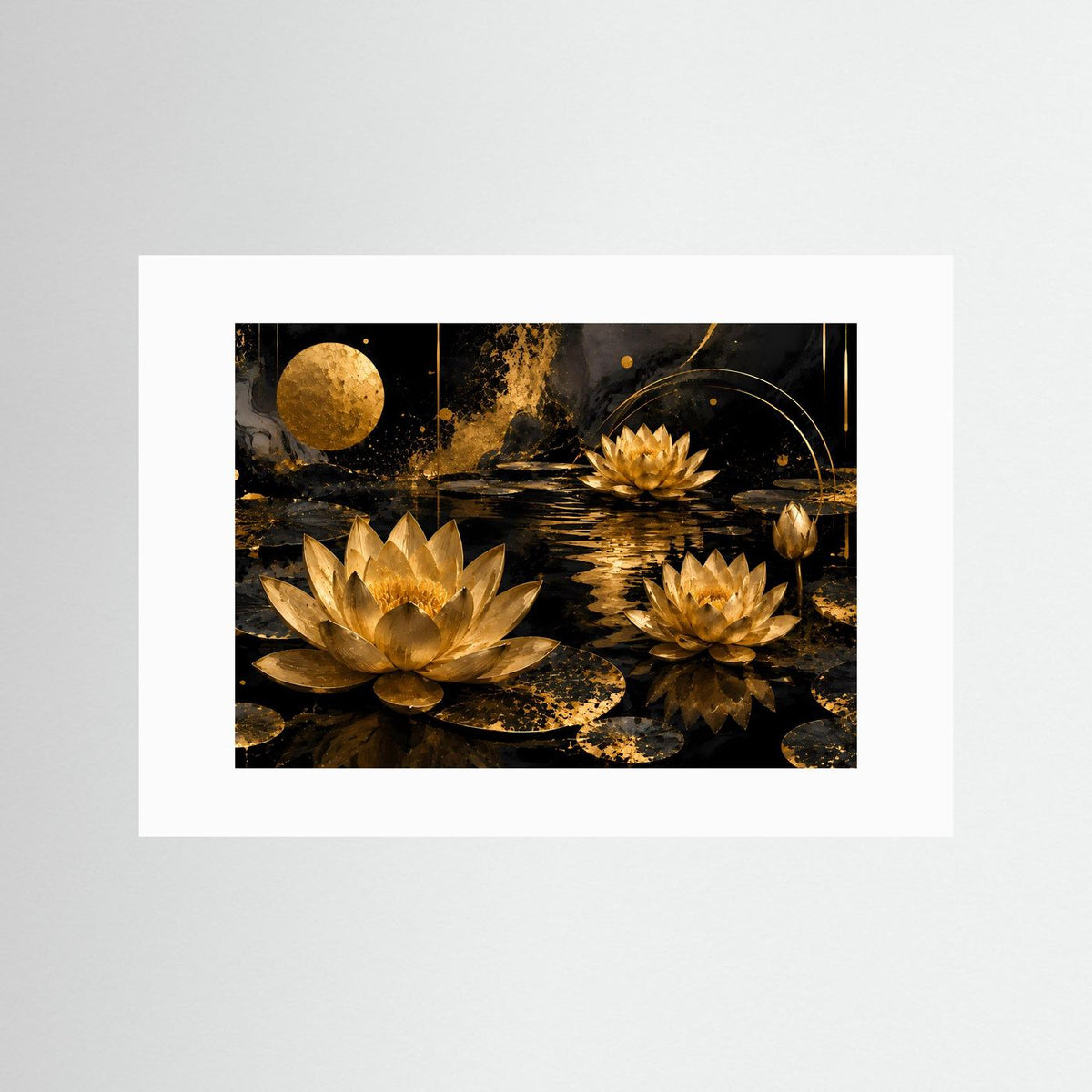 Wandbild mit goldenen Lotusblüten auf dunklem Wasser, ohne Rahmen