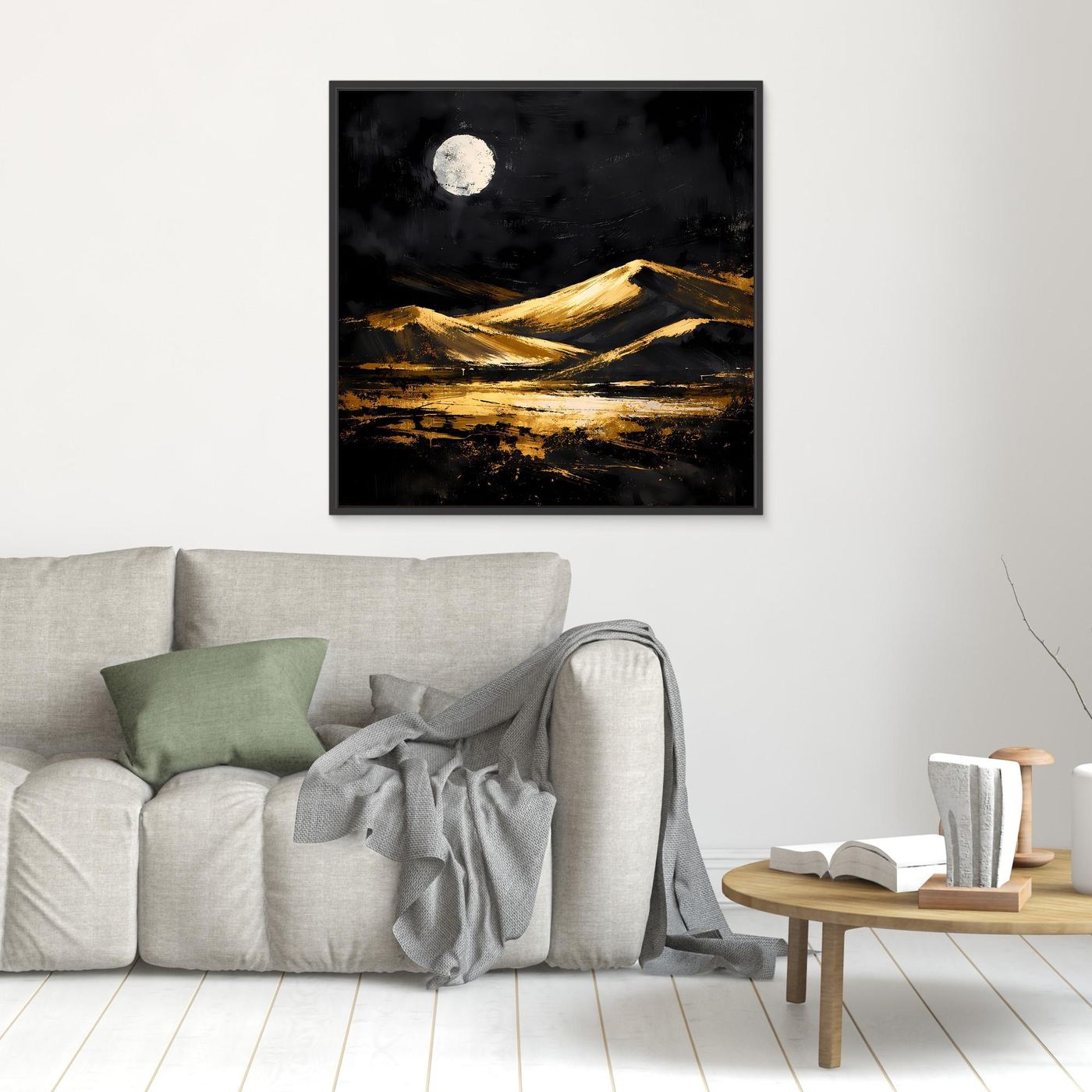 Leinwand Goldene Wüstendünen bei Vollmond | Modernes Abstraktes Landschafts Wandbild