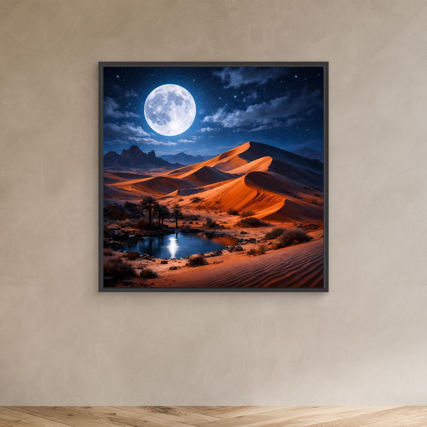 Leinwand-Wandbild mit dunklem Rahmen: Mond über Wüstenoase, orange Dünen und Sandrillen