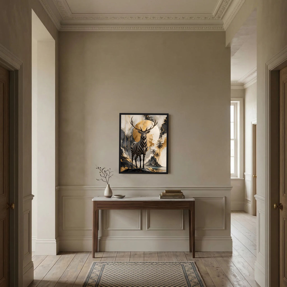 Hochformatiges Kunstposter mit Zebra-Hirsch im schwarzen Rahmen, goldene Mondscheibe