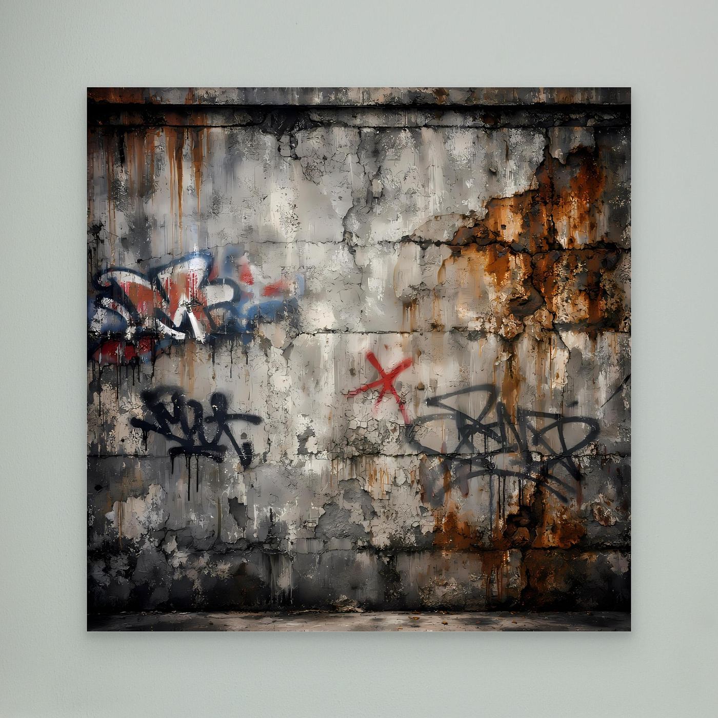 Leinwandbild mit Graffiti auf Betonwand, grau mit rostbraunen Spritzern und roten Akzenten
