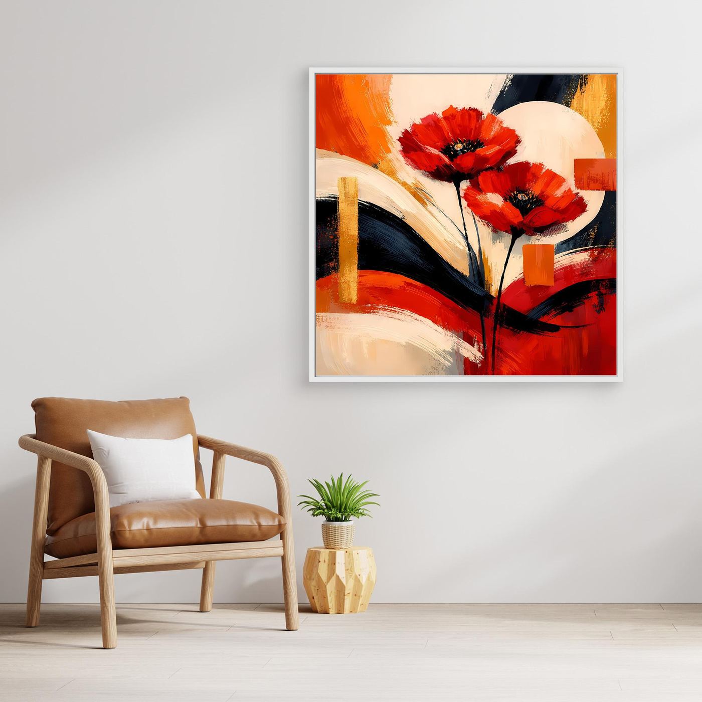 Leinwandbild mit zwei Mohnblüten in Rot, Gold und Creme, umrahmt, mit schwarzen Stielen