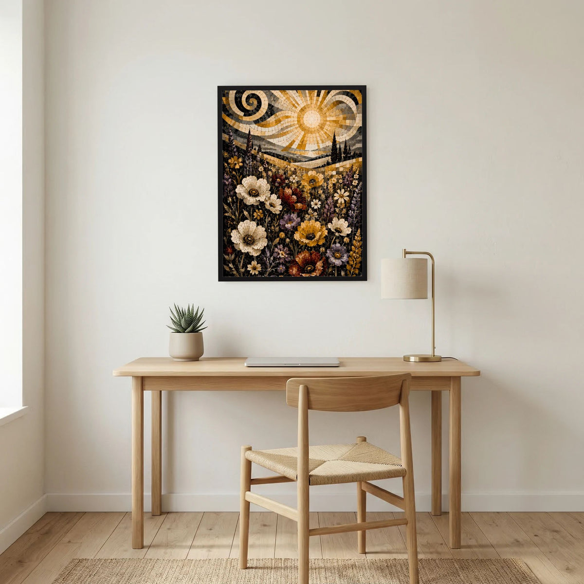 Hochformat-Poster mit floraler Mosaiklandschaft, goldener Sonne und Himmel im schwarzen Rahmen