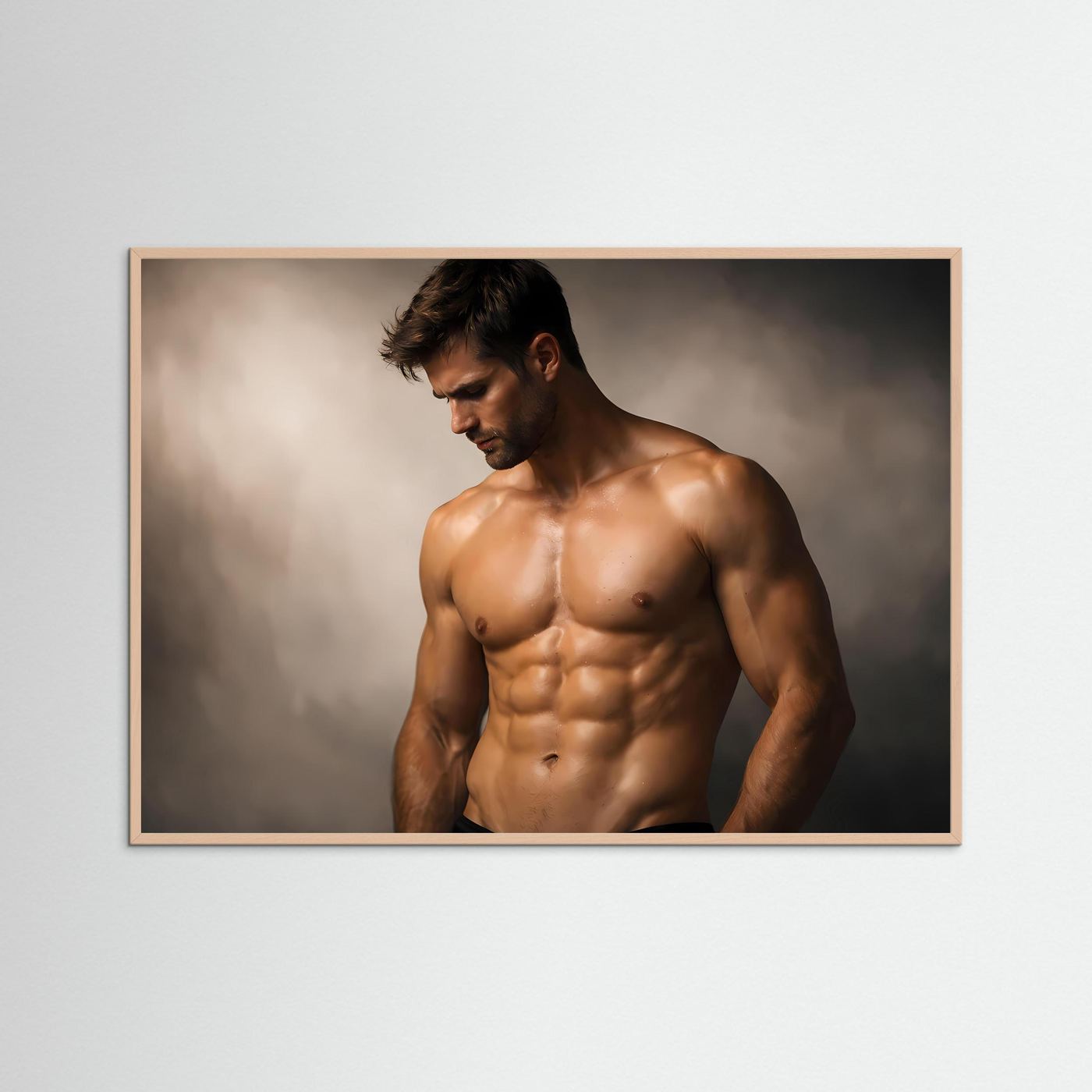 Fitness-Poster mit muskulösem Männeroberkörper, blickt nach unten, im Querformat