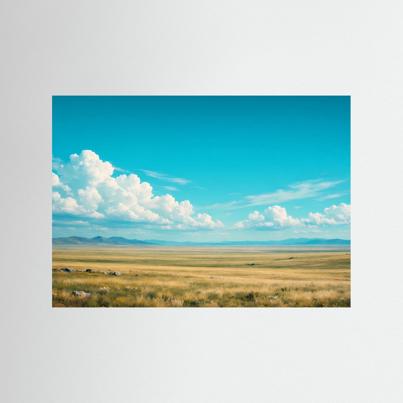 Landschafts-Panorama-Poster mit türkisfarbener Umrandung, weite Steppe und blauer Himmel
