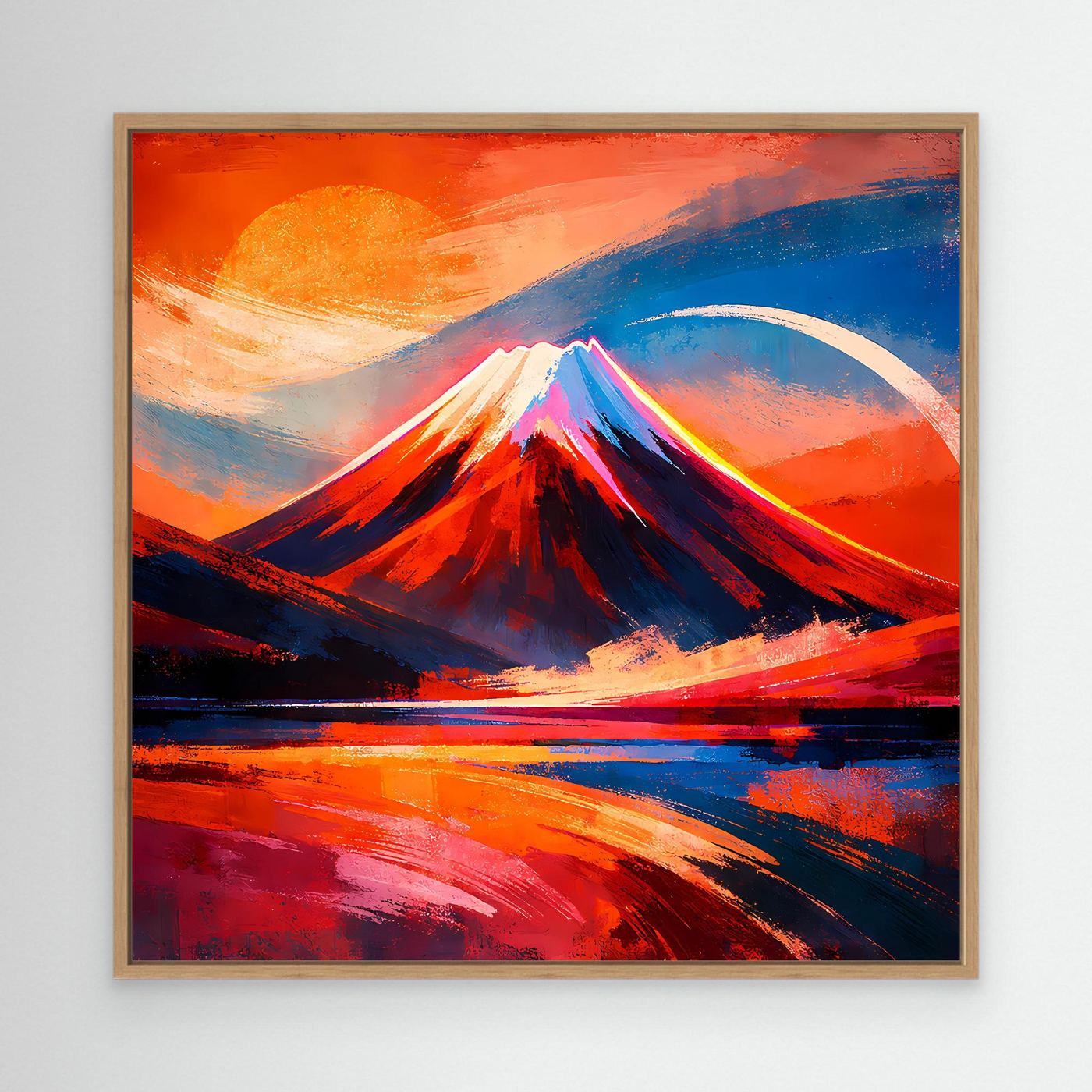Abstraktes Leinwandbild mit Bergmotiv im Sonnenuntergang, Rot- und Blautöne, Eichenrahmen