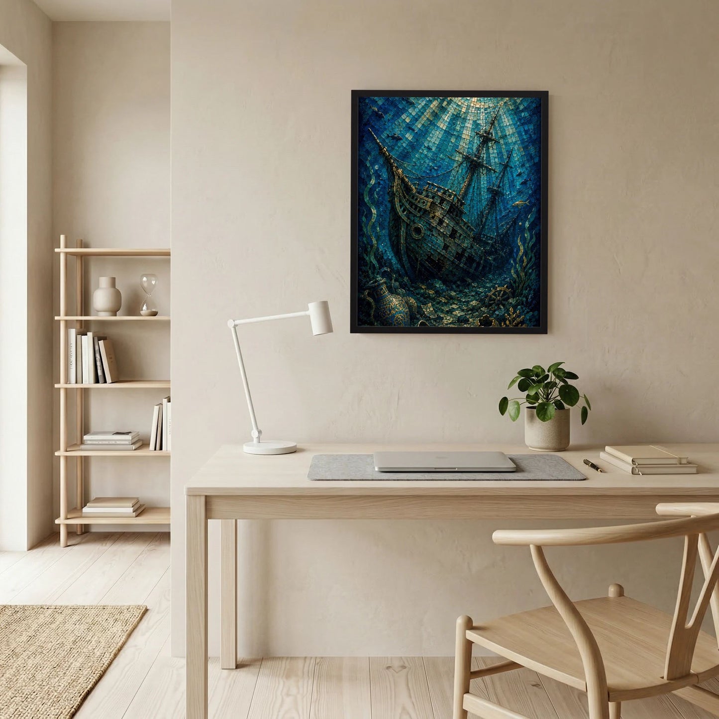 Wandposter mit Segelschiff im Mosaikstil, blau und grün, rechteckig