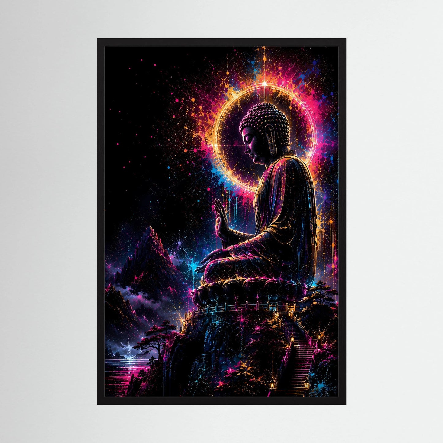 Buddha-Poster im Neonlicht: sitzende Figur mit leuchtender Aura, schwarzer Rahmen