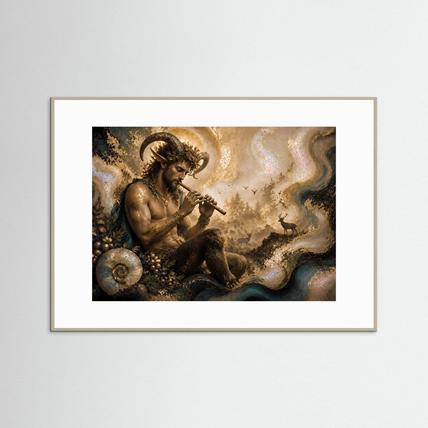 Pan mit Flöte im mystischen Wald | Griechische Mythologie Kunst in Gold & Perlmutt