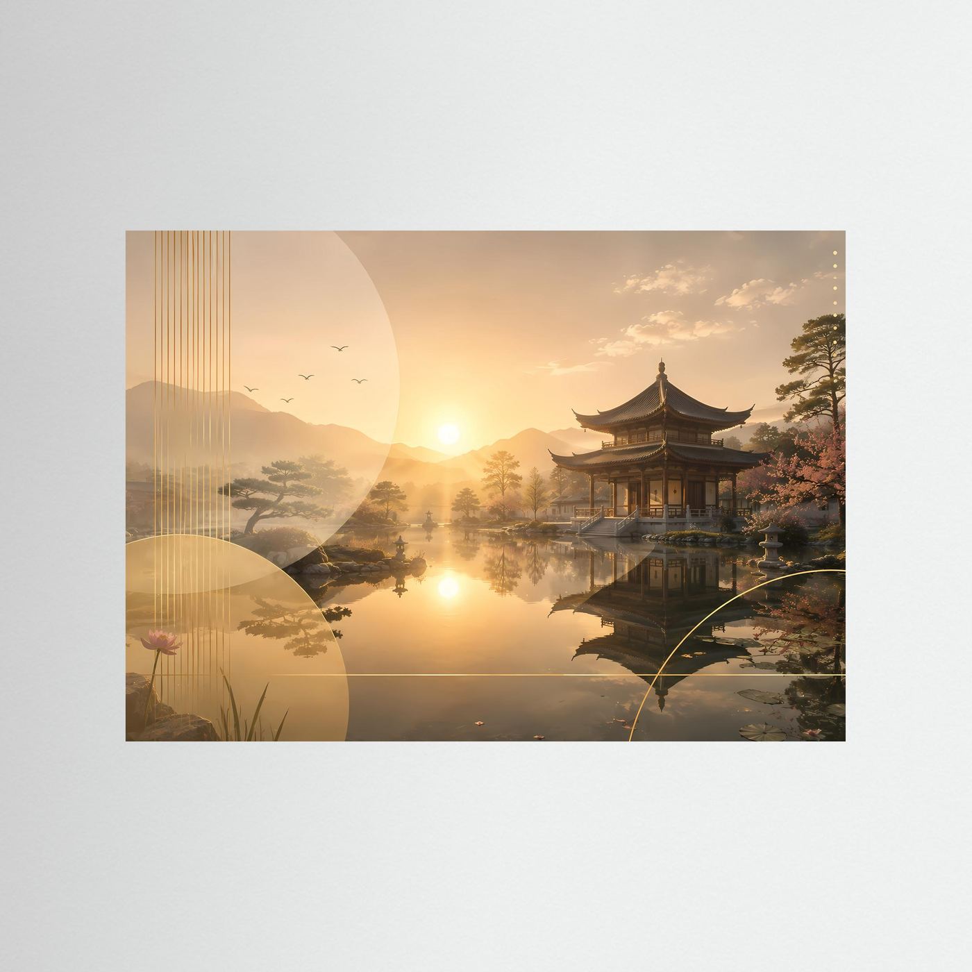 Rahmenloser Wanddruck mit Tempelpavillon am See, Sonnenuntergang und Spiegelung im Wasser