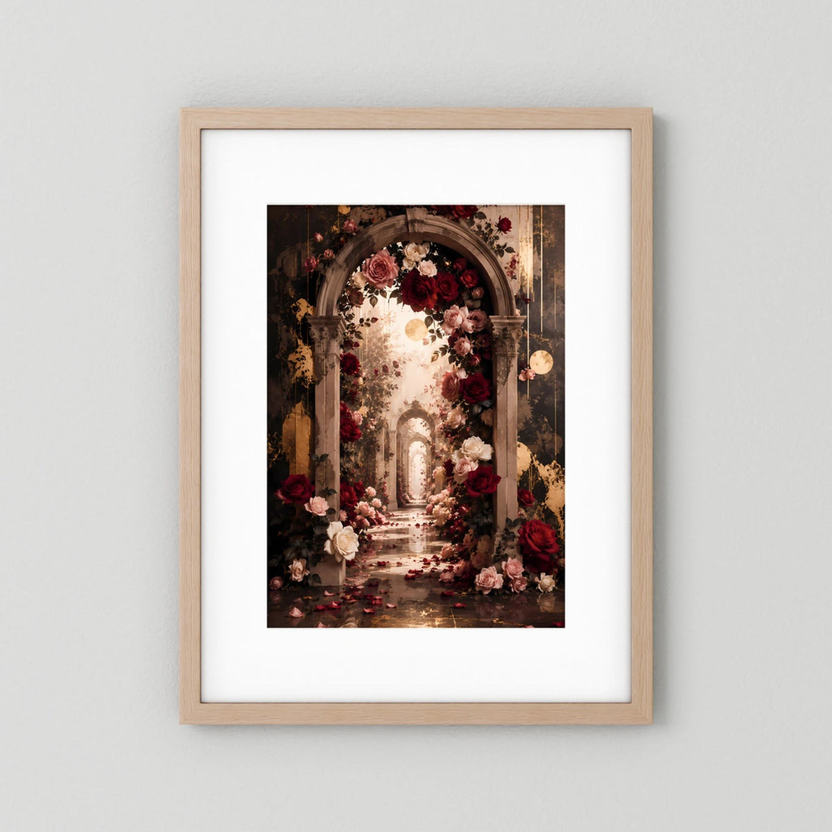 Hochformatiges Poster im hellen Holzrahmen mit Rosenbogen und roten Rosen