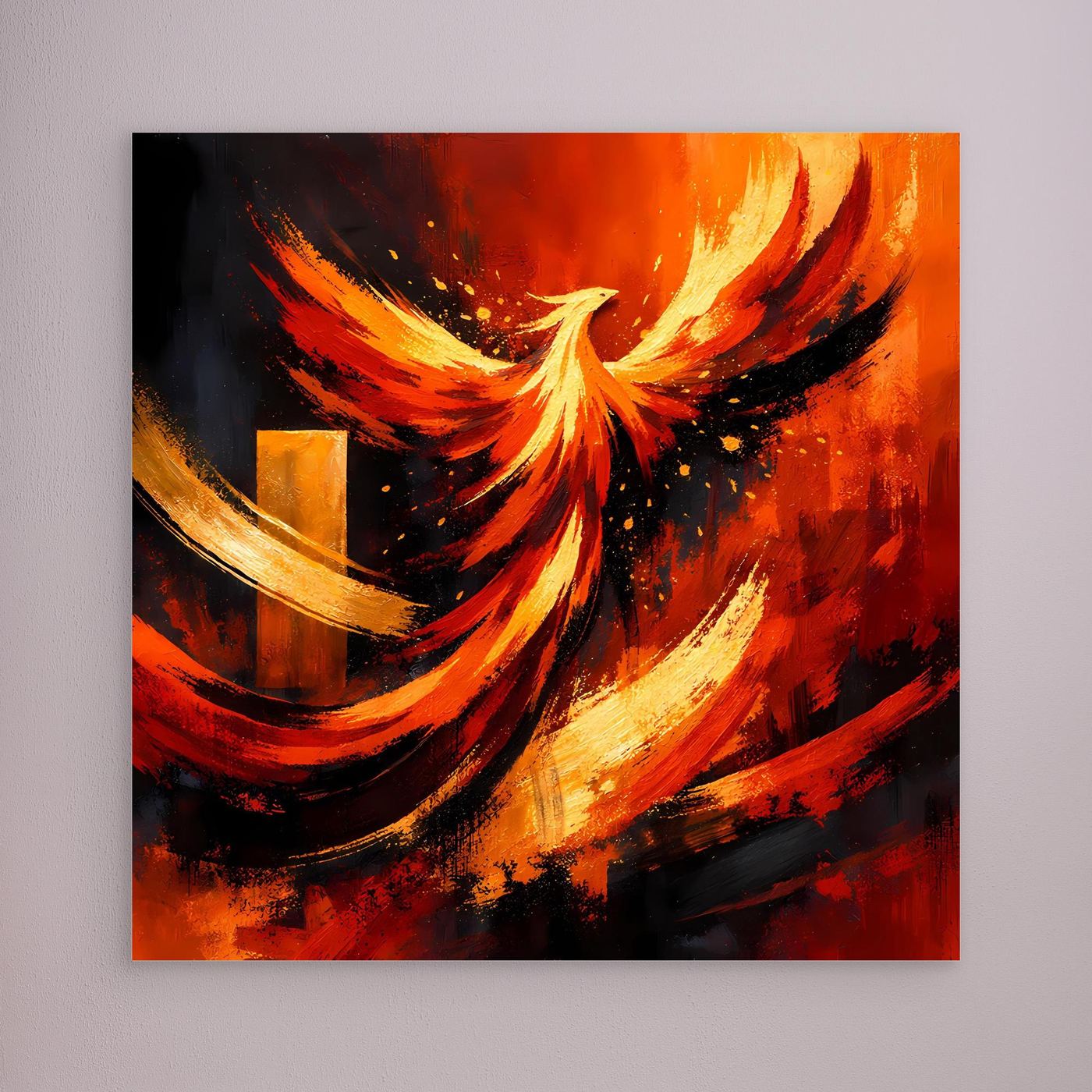 Wandbild mit Leinwandmotiv „Phönix aus der Asche“ in Rot, Gelb und Schwarz, ohne sichtbaren Rahmen