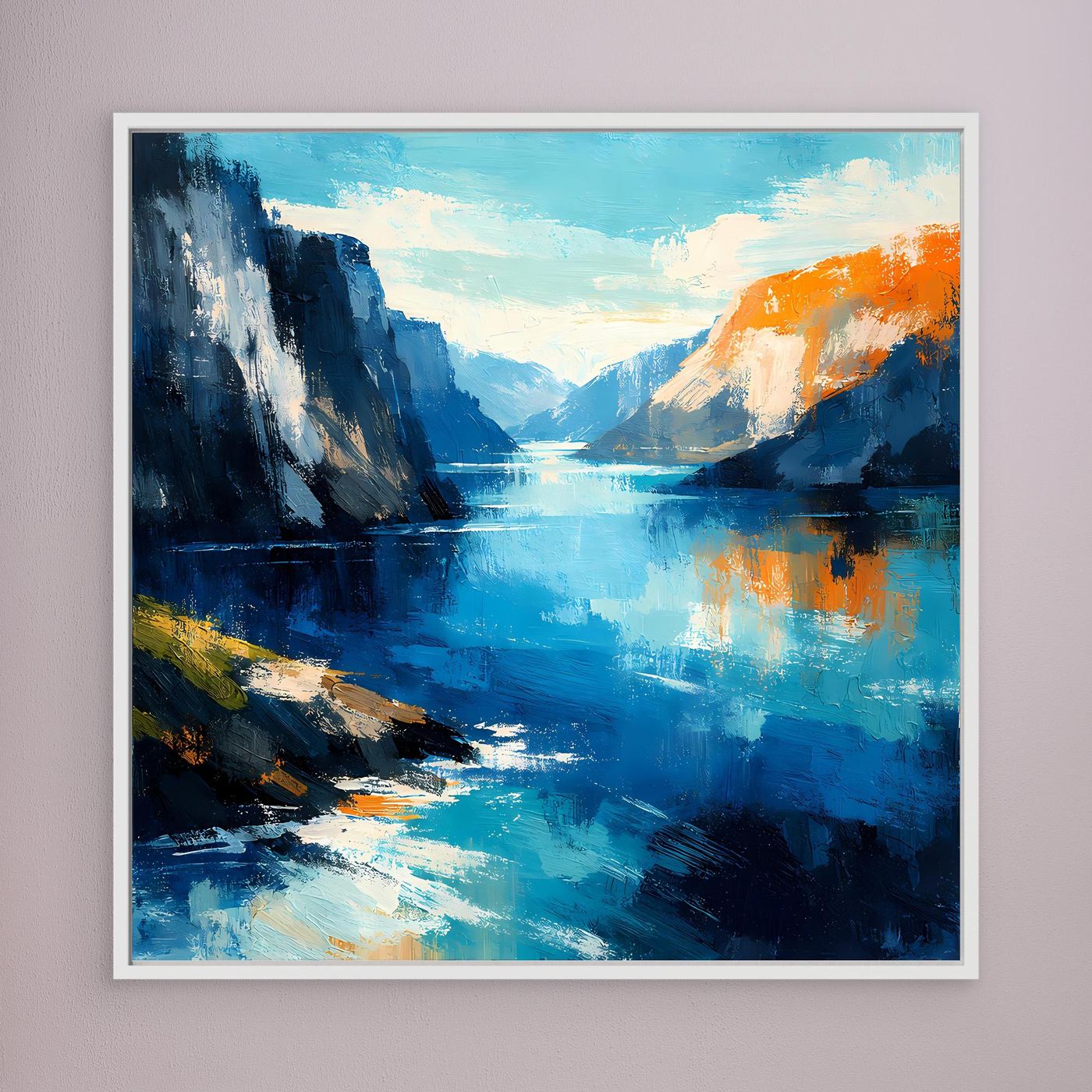 Leinwand Abstraktes Fjord Gemälde | Modernes Norwegisches Wandbild Blau Orange