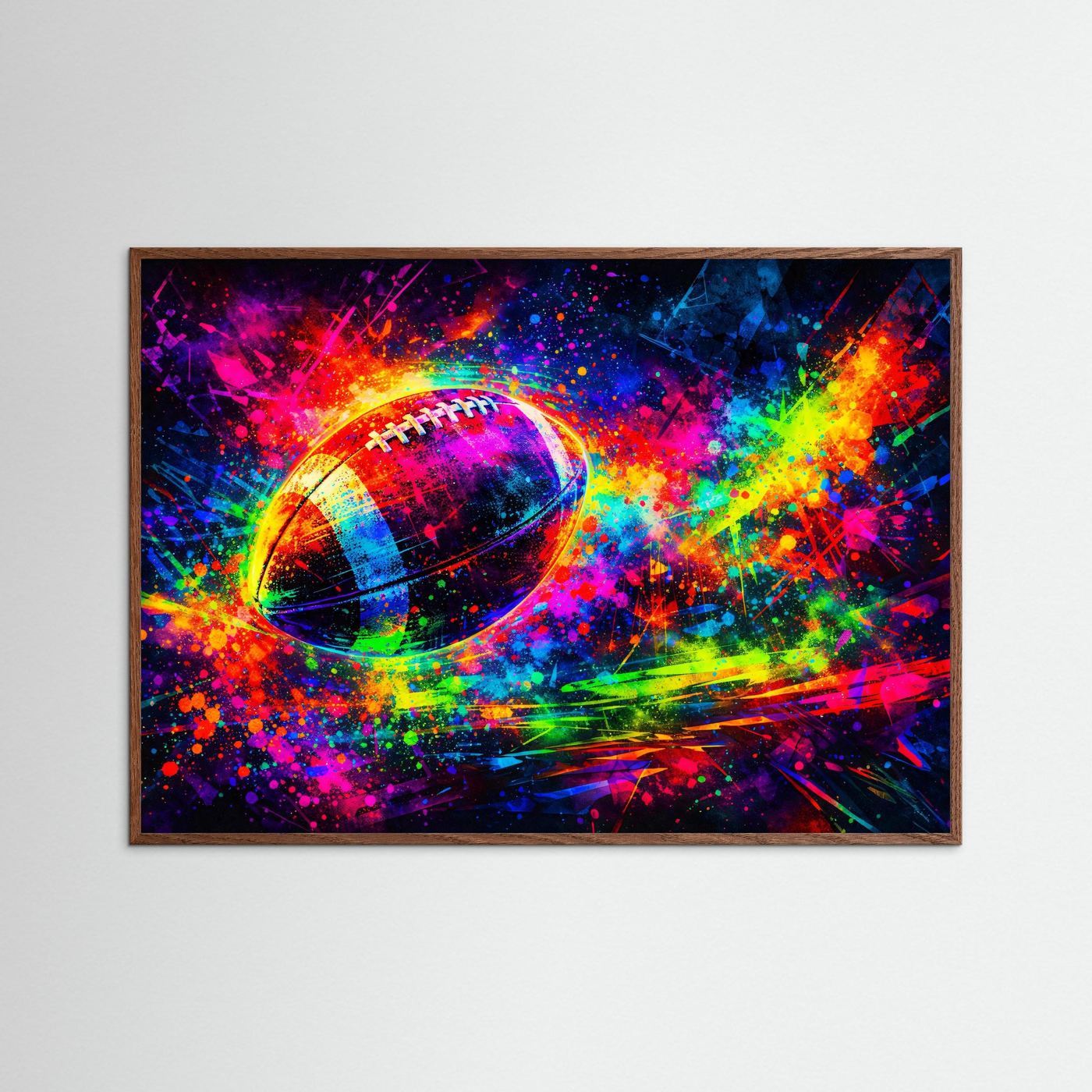 Neon-Sportposter mit Fußball im Farb-Explosion-Look, im Holzrahmen