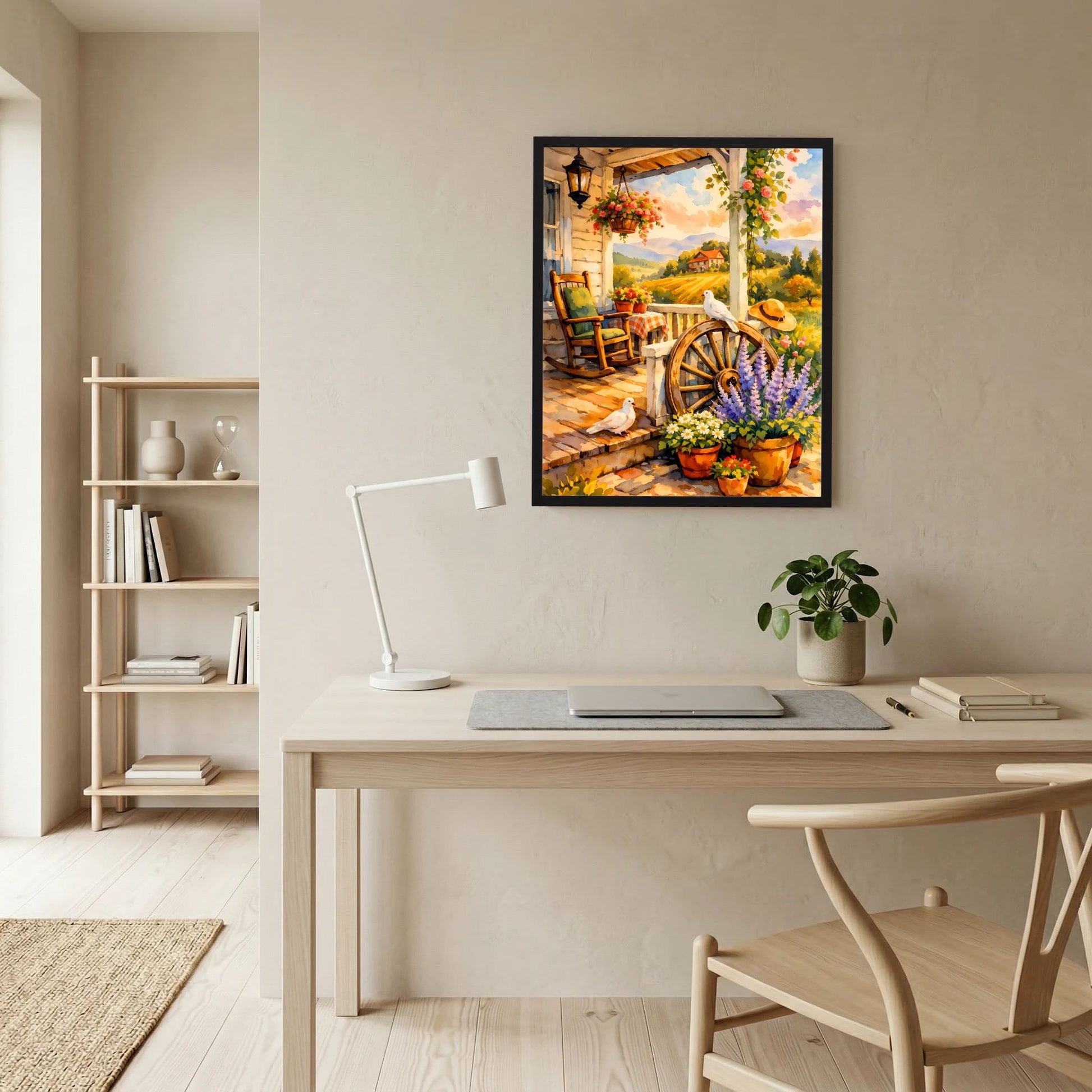 Gerahmtes Kunstposter an der Wand: Veranda mit Leiterwagenrad, Blumen und Taube