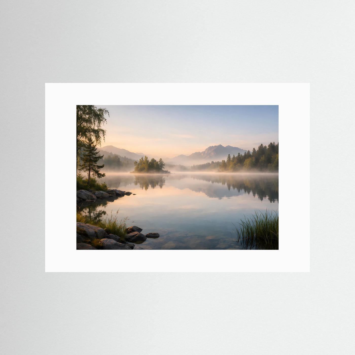 Panoramaposter ohne Rahmen, weißes Passepartout mit Bergsee und Nebel