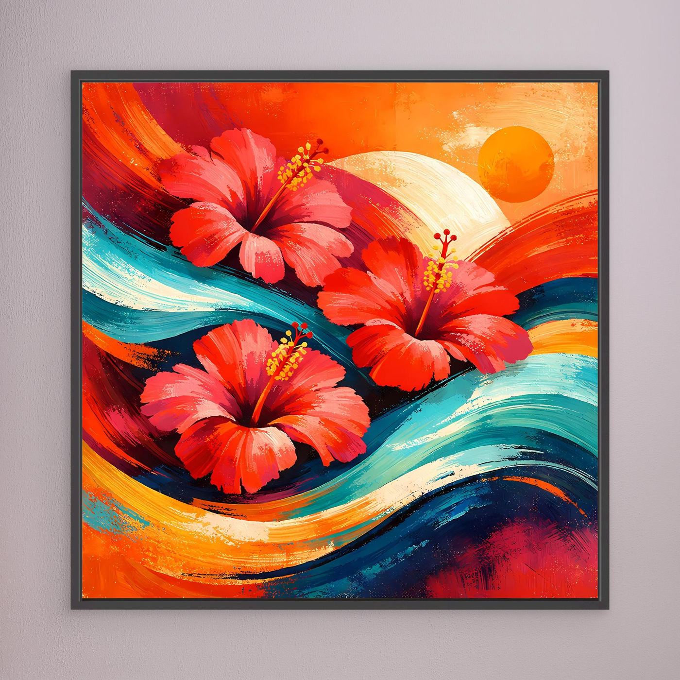Leinwandbild mit tropischen Hibiskusblüten in Rot und Türkis, schwarz gerahmt