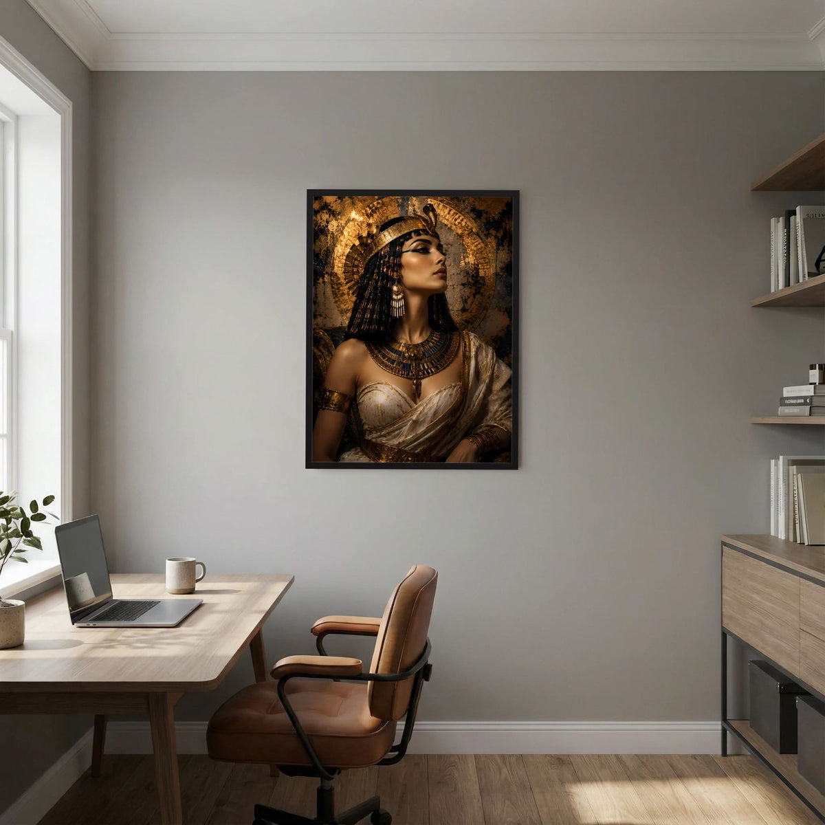 Hochformat-Poster mit Königin-Porträt, goldene Details, schwarz gerahmt.