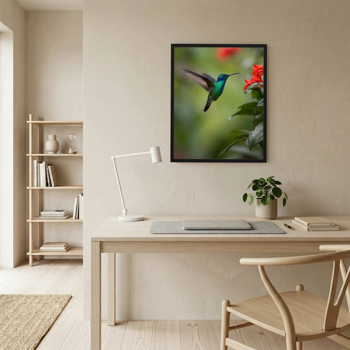 Wandbild im schwarzen Rahmen mit Kolibri im Flug und roten Blüten