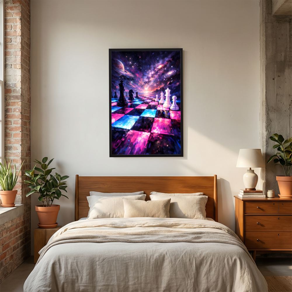 Schachposter im schwarzen Rahmen mit Galaxie-Schachbrett und leuchtenden Schachfiguren