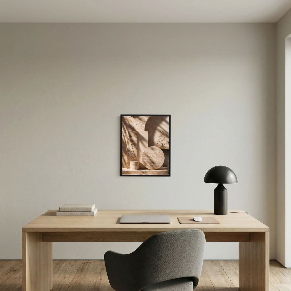 Abstraktes Architektur-Poster mit schwarzem Rahmen, beige Kreisscheibe und Steinblock