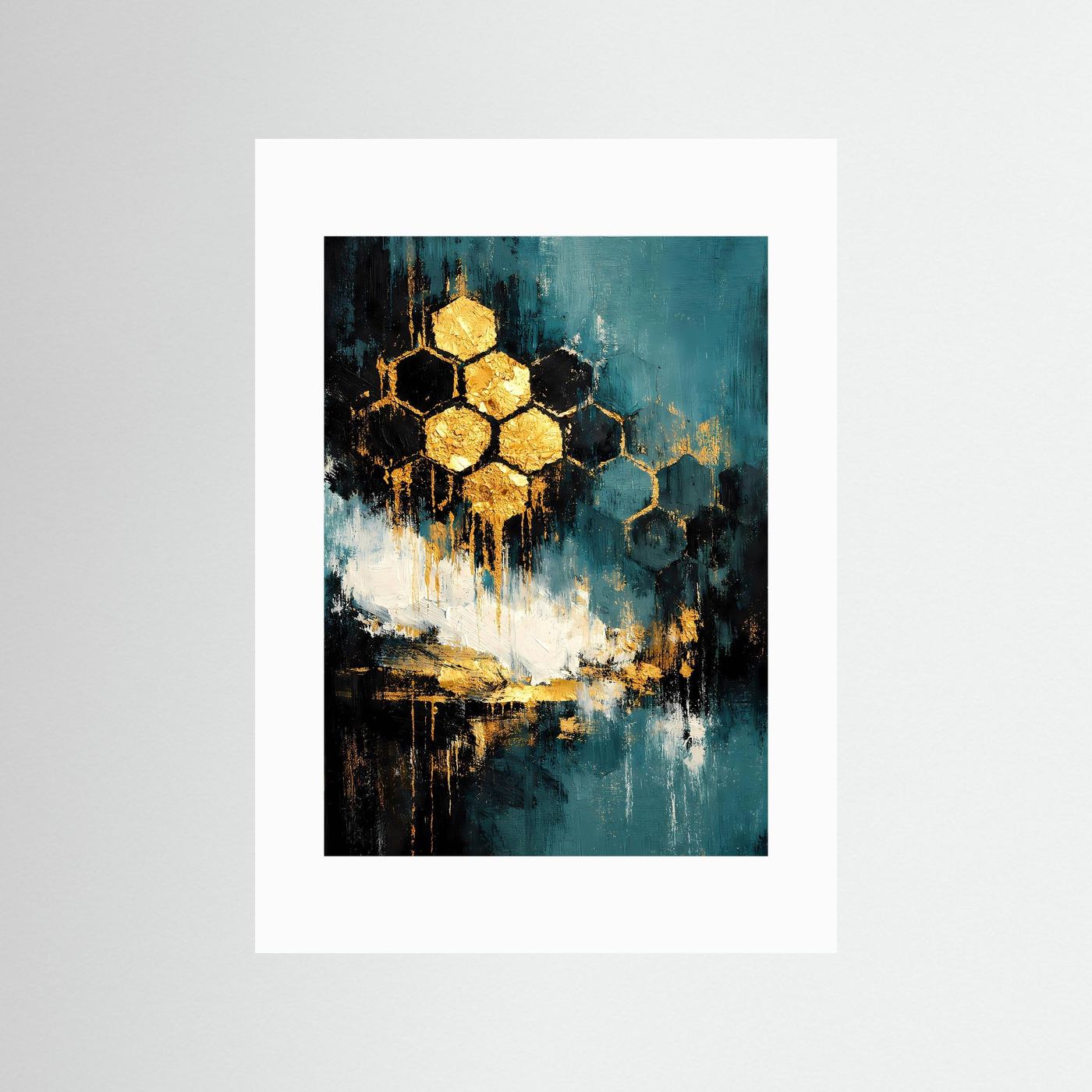 Abstraktes Waben-Kunstposter: goldene Hexagons in Petrol und Schwarz, weiß hinterlegt