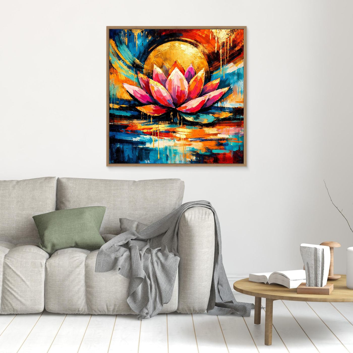 Leinwandbild mit abstrakter Lotusblüte, goldener Kreisform und bunten Farben im hellen Holzrahmen