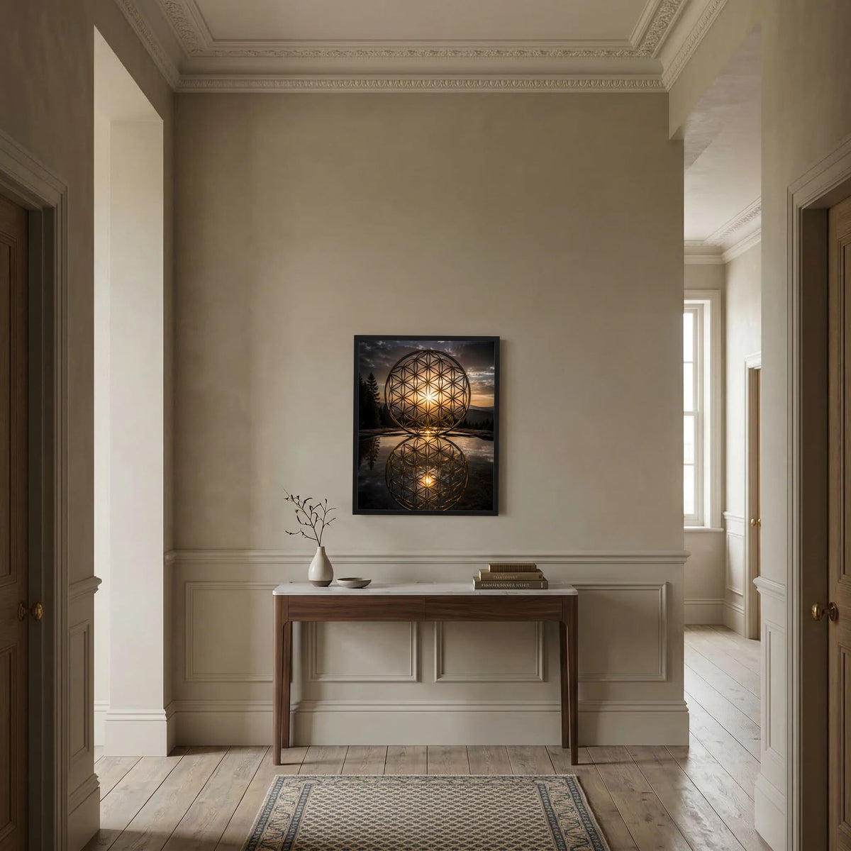 Wandposter mit goldener Blume-des-Lebens-Kugel in dunkler Szene, quadratisch