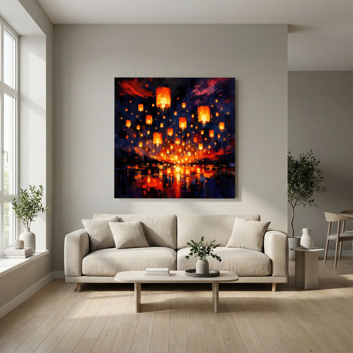 Keilrahmen-Leinwand mit orange leuchtendem Laternenhimmel und Reflexion im dunklen Wasser