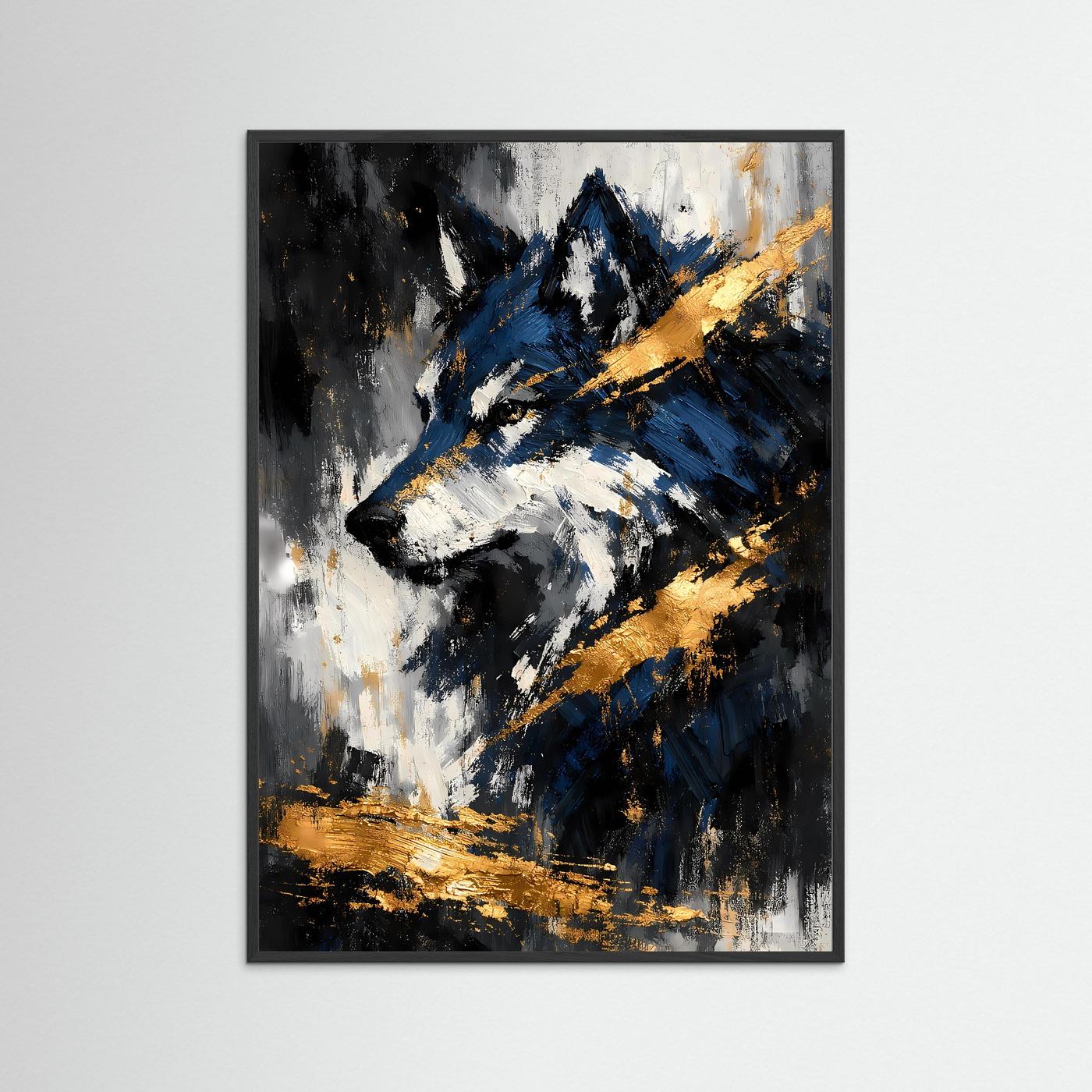 Wolfskunstposter mit abstraktem Tierporträt in Blau, Schwarz und Gold, schwarzer Rahmen