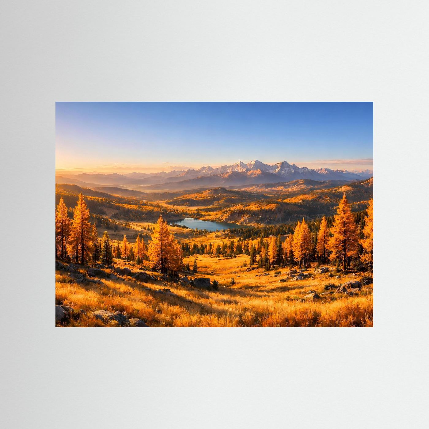 Wandbild mit Landschaftsfoto, Herbstwald und Flusstal, ohne erkennbaren Rahmen