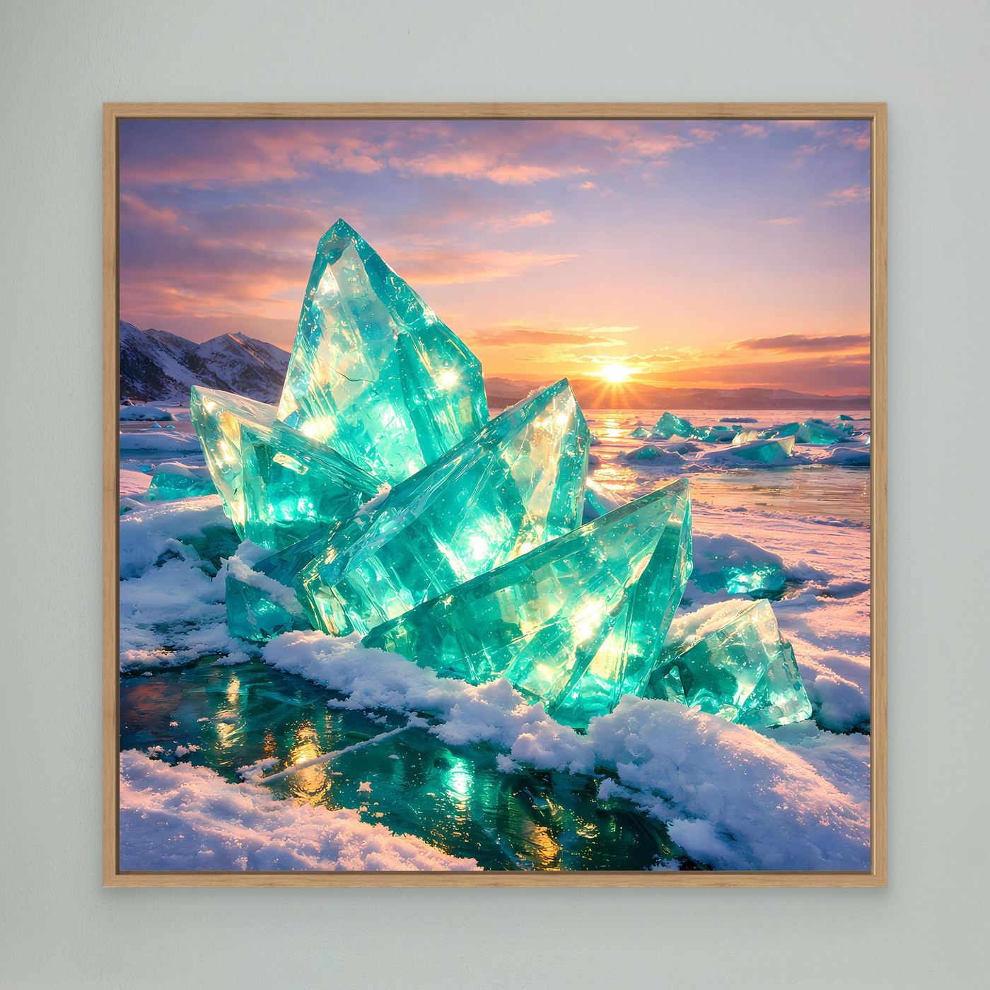 Leinwandbild mit türkisfarbenen Eiskristallen im Winter bei Sonnenuntergang, Eichenrahmen